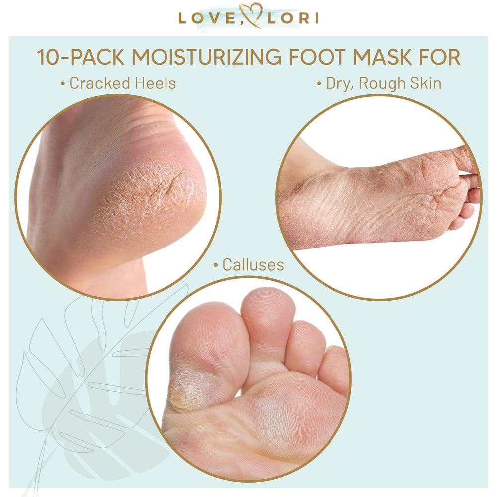 LOVE, LORI Foot Moisturizer Socks (10 Pack) - Foot Mask Moisturizing for Dry Cracked Feet & Heel - Feet Mask for Baby Feet - Foot Care for Women - Self Care Spa Gifts for Women