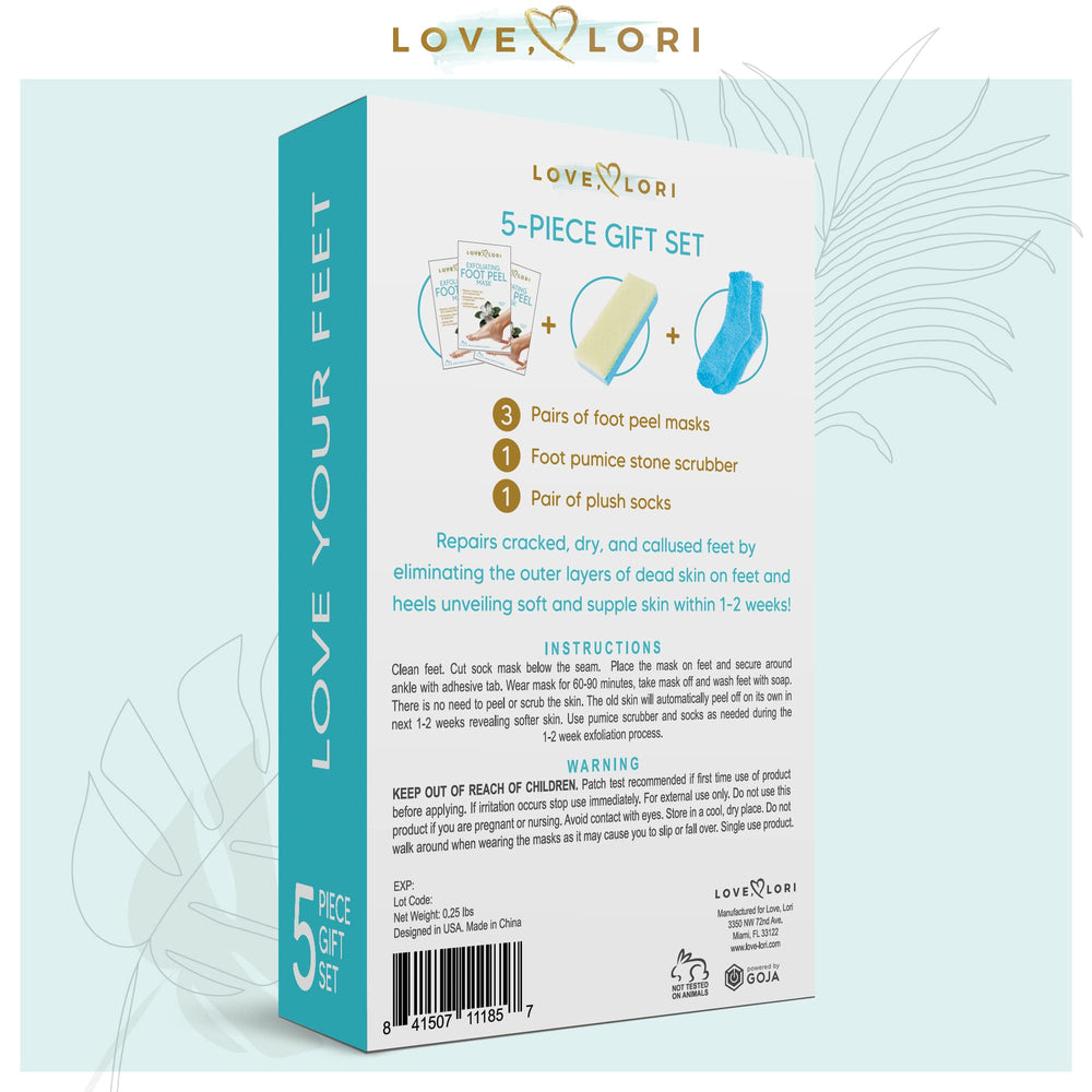 LOVE, LORI, Foot Care for Women - Foot Spa Kit w/ 3 Pack Foot Exfoliator Peeling Mask, Pumice Stone & Foot Moisturizing Socks - Foot Care Kit for Baby Feet - Self Care Gifts for Women