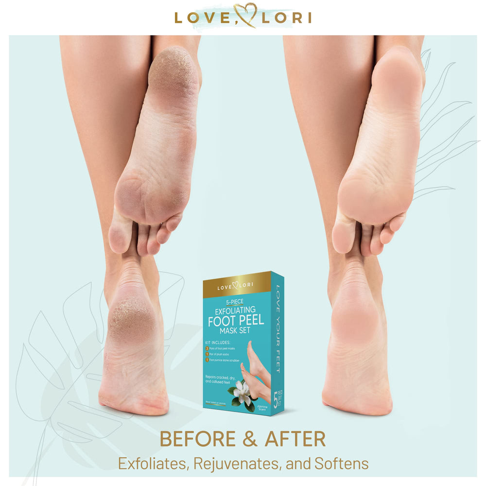 LOVE, LORI, Foot Care for Women - Foot Spa Kit w/ 3 Pack Foot Exfoliator Peeling Mask, Pumice Stone & Foot Moisturizing Socks - Foot Care Kit for Baby Feet - Self Care Gifts for Women