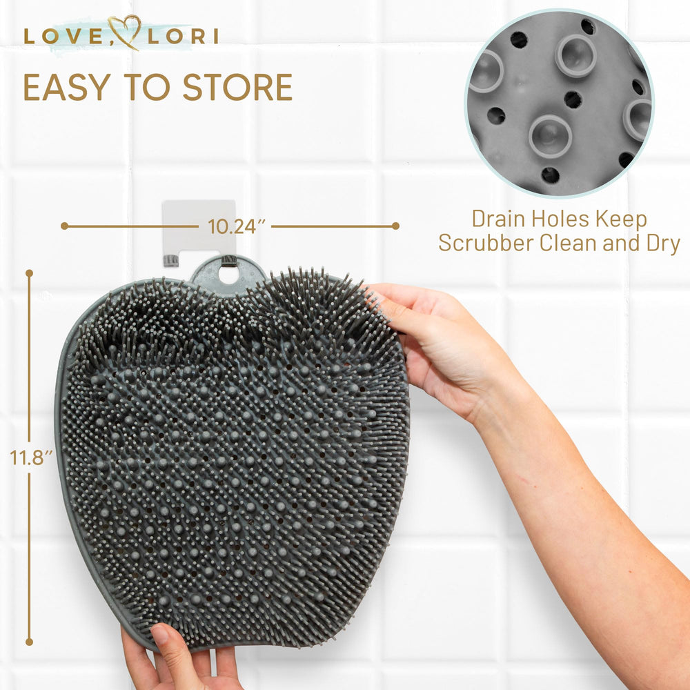 LOVE, LORI Foot Scrubber Back Scrubber for Shower   Premium Silicone Shower Foot Scrubber Mat   Bathroom Accessories Apartment Essentials (Grey)