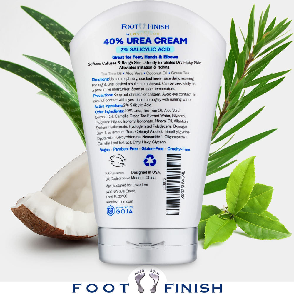 LOVE, LORI Urea Cream 40 Percent for Feet Maximum Strength - Urea 40% Cream plus 2% Salicylic Acid 4oz - Urea Foot Lotion for Feet, Heels, Hands & Elbows - Tea Tree Foot Cream for Dry feet