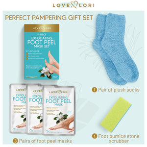 LOVE, LORI, Foot Care for Women - Foot Spa Kit w/ 3 Pack Foot Exfoliator Peeling Mask, Pumice Stone & Foot Moisturizing Socks - Foot Care Kit for Baby Feet - Self Care Gifts for Women