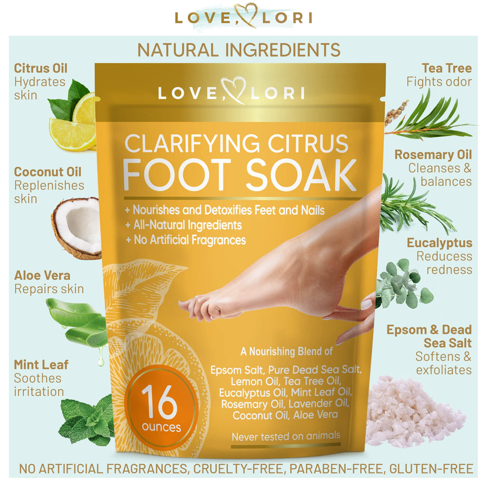 LOVE, LORI Citrus Epsom Salt Foot Soak for Dry Cracked Feet (16oz) - Foot Soaking Salts for Foot Soaking Tub - Pedicure & Foot Spa Soak w/ Natural Essential Oils