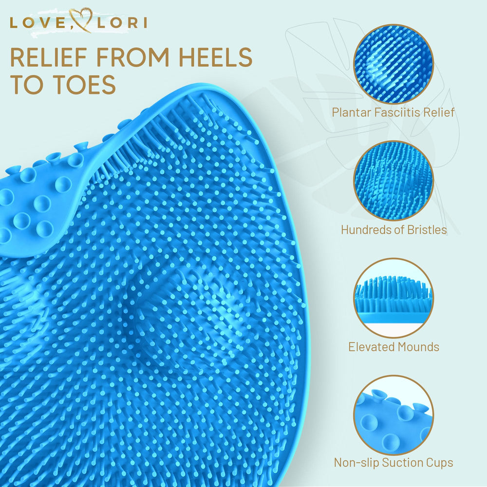 LOVE, LORI Plantar Fasciitis Relief Foot Massager, Foot Scrubbers for use in Shower - for Foot Pain Relief, Heel Support, and Improved Circulation, Non-Slip w/Suction Cups - Large (Blue)