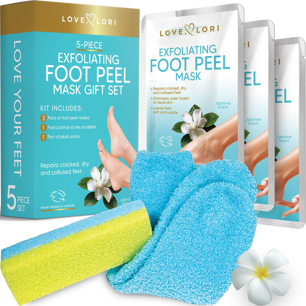 LOVE, LORI, Foot Care for Women - Foot Spa Kit w/ 3 Pack Foot Exfoliator Peeling Mask, Pumice Stone & Foot Moisturizing Socks - Foot Care Kit for Baby Feet - Self Care Gifts for Women